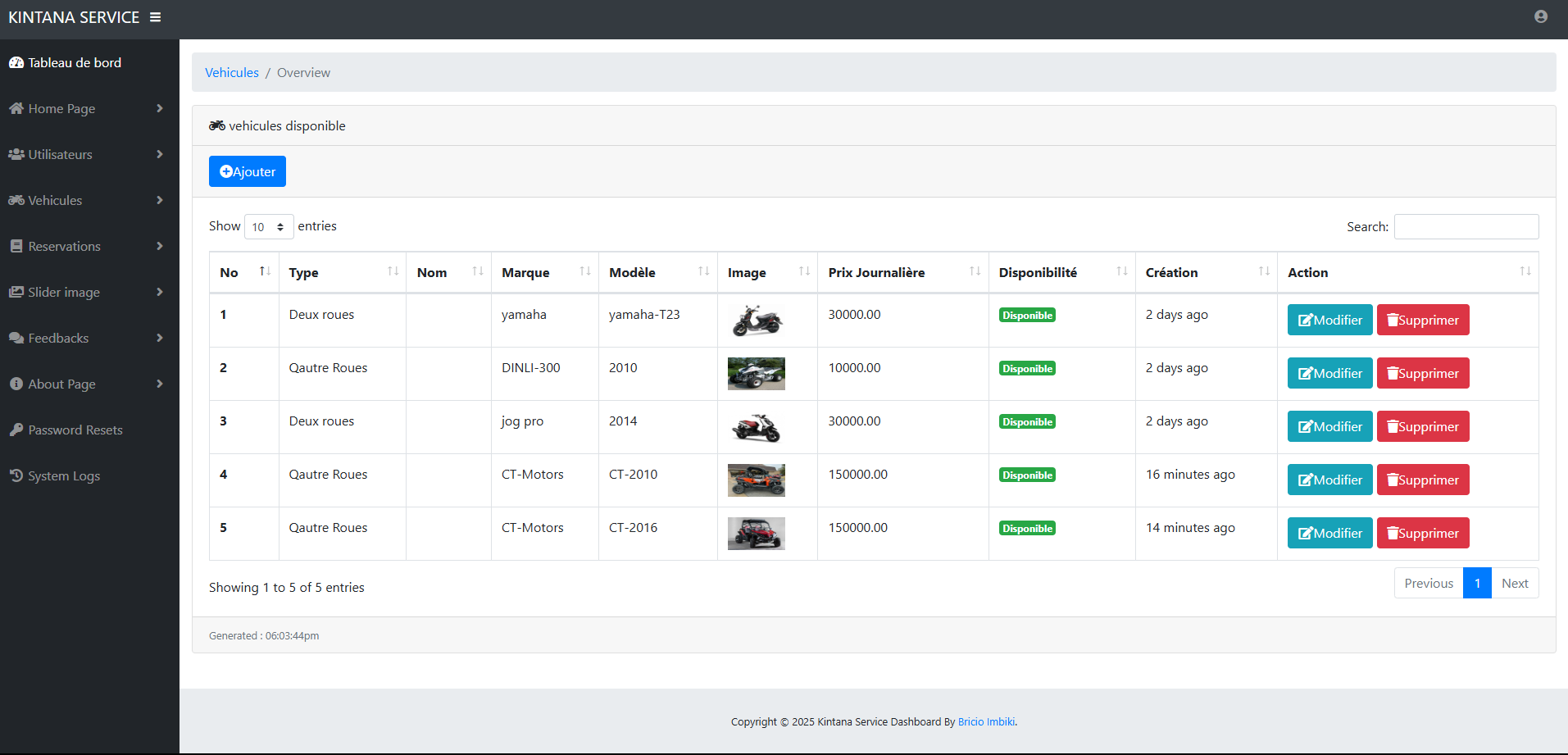 Site web de reservation vehicule pour location - back office de gestion vehicule